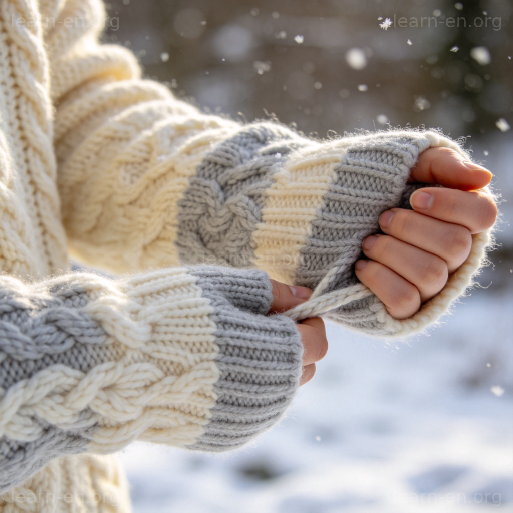 手套 gloves 图解：雪天佩戴保暖羊毛手套的场景