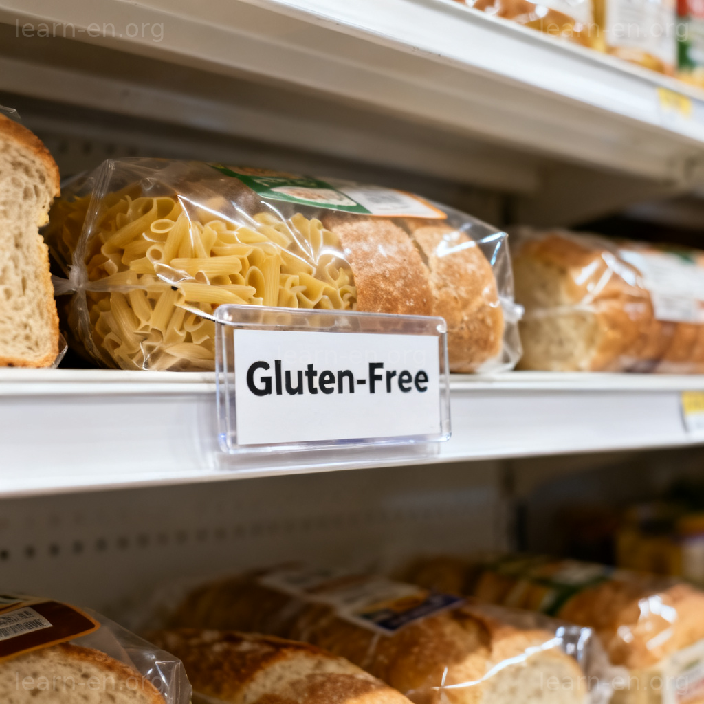 gluten-free 图解：超市货架上标注‘无麸质’的意面包装