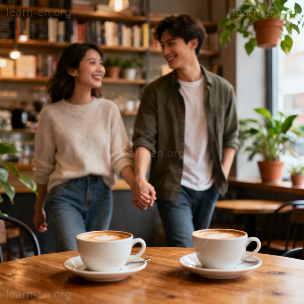 go on a date 短语图解：情侣在咖啡馆约会牵手场景