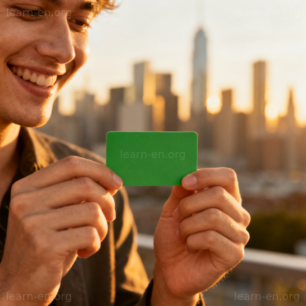 Green Card 绿卡图解：手持绿色卡片，背景为城市天际线