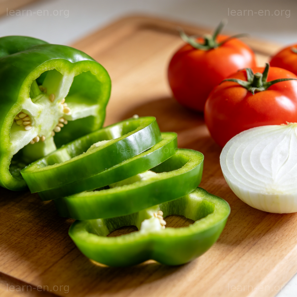 Green Pepper 青椒图解：新鲜青椒在案板上与番茄洋葱一起被切开的场景