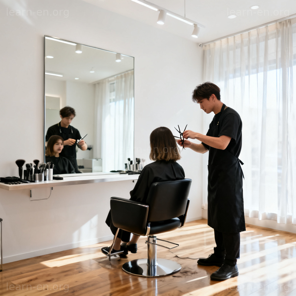 hair salon 图解：明亮现代美发沙龙内，发型师正为客户精心剪发