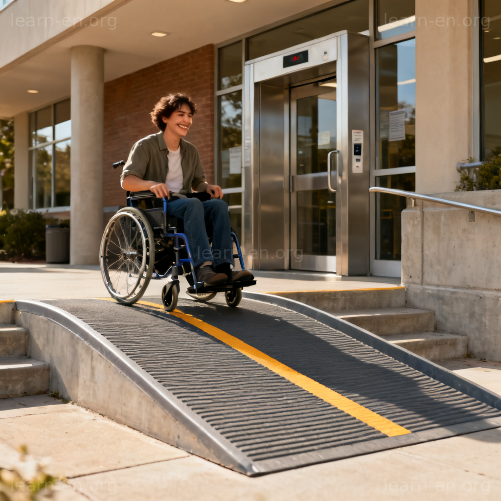handicapped 图解：使用轮椅者通过无障碍坡道进入建筑