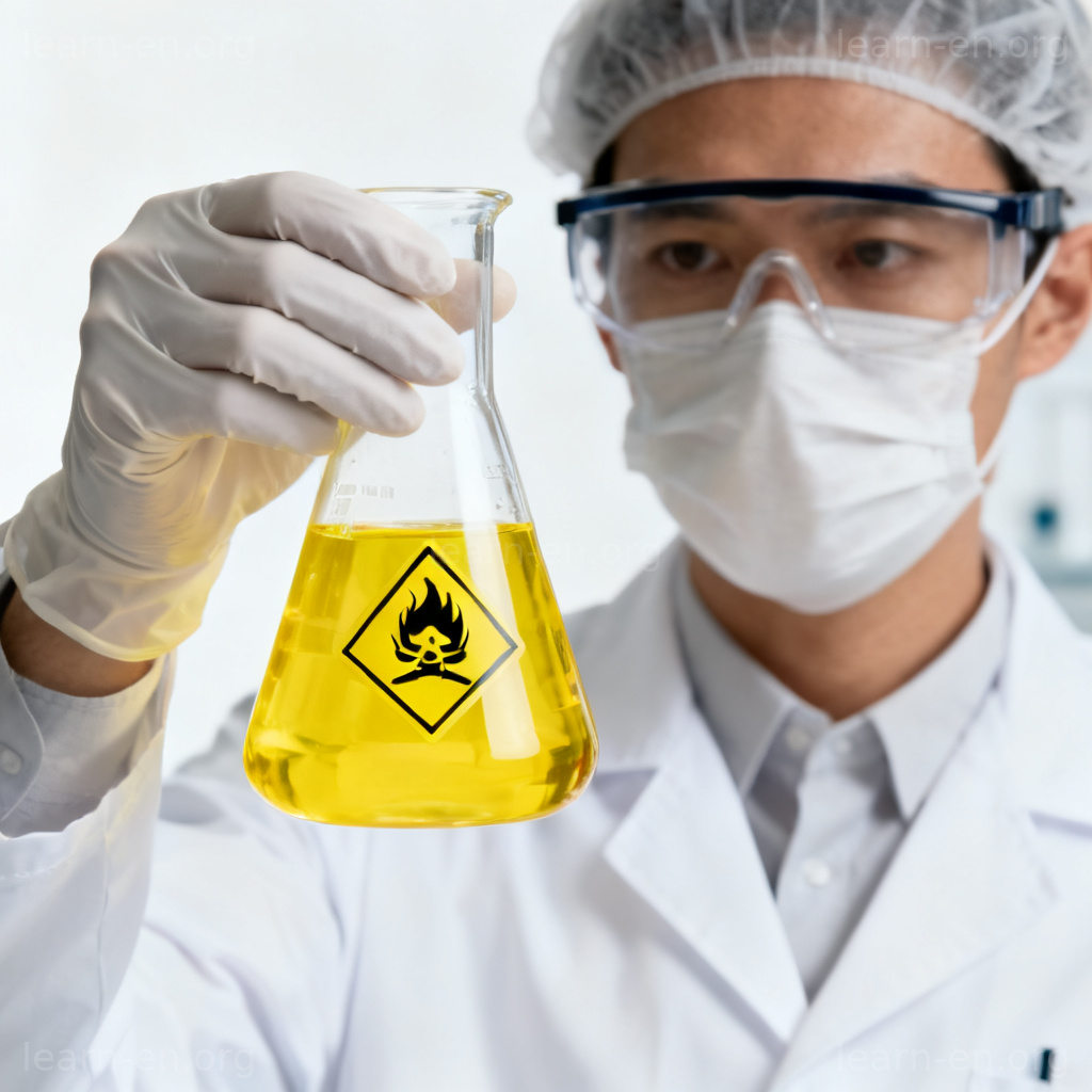 hazardous 危险含义图解：实验室科学家手持带警示标识的化学品