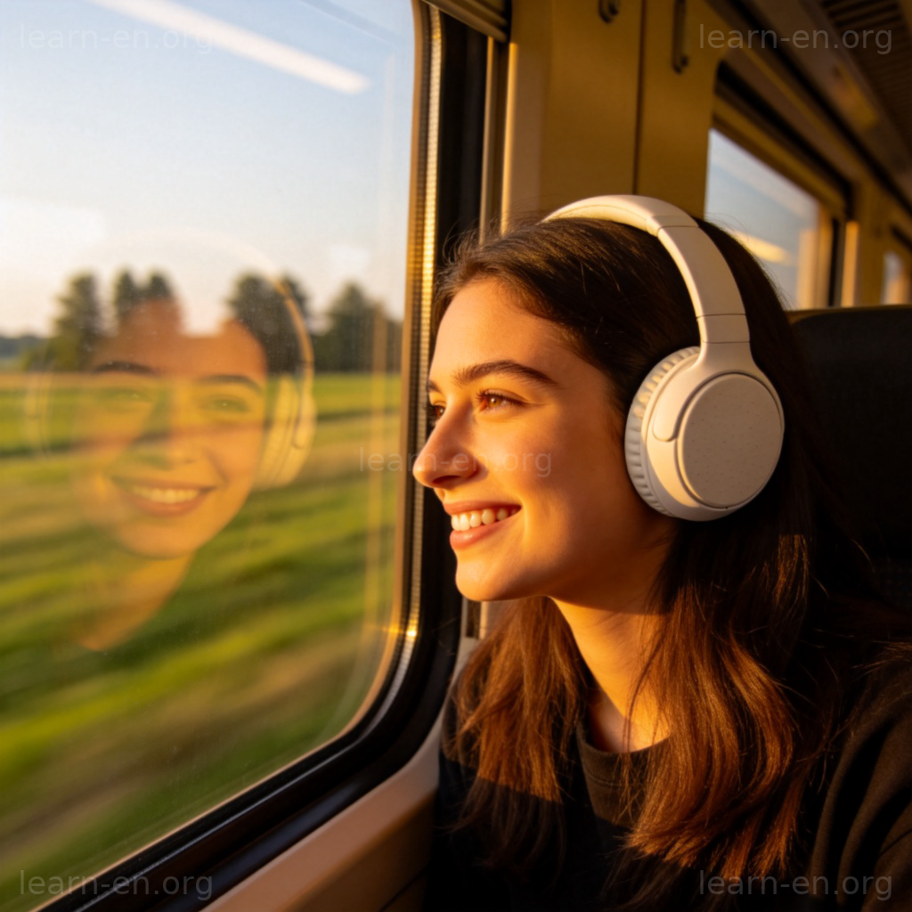 headphones 耳机图解：乘客佩戴白色耳机欣赏窗外风景