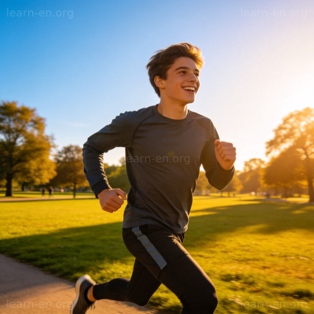 healthy 含义图解：阳光公园中健康跑步的年轻人