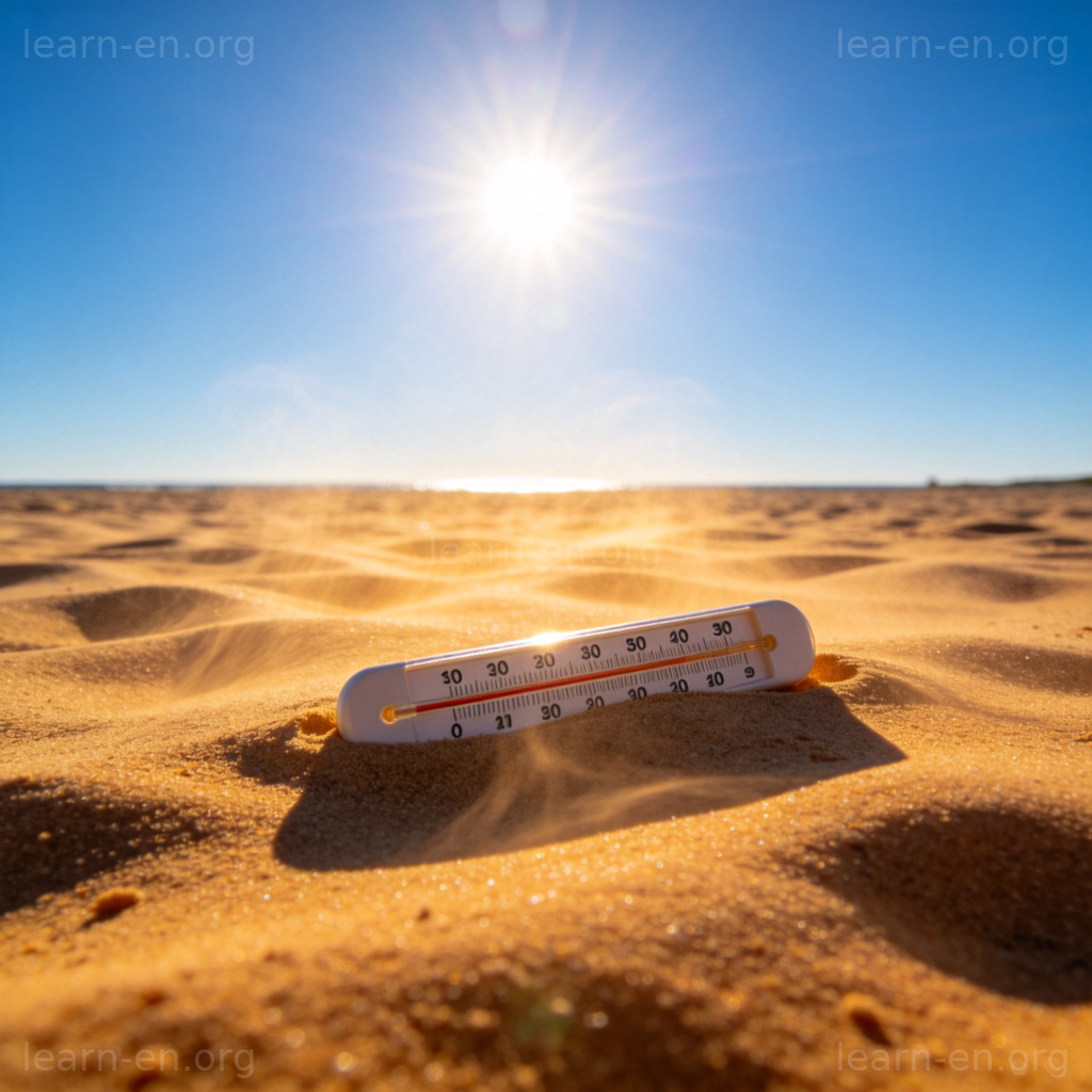 heat 热量含义图解：烈日下的沙滩与温度计