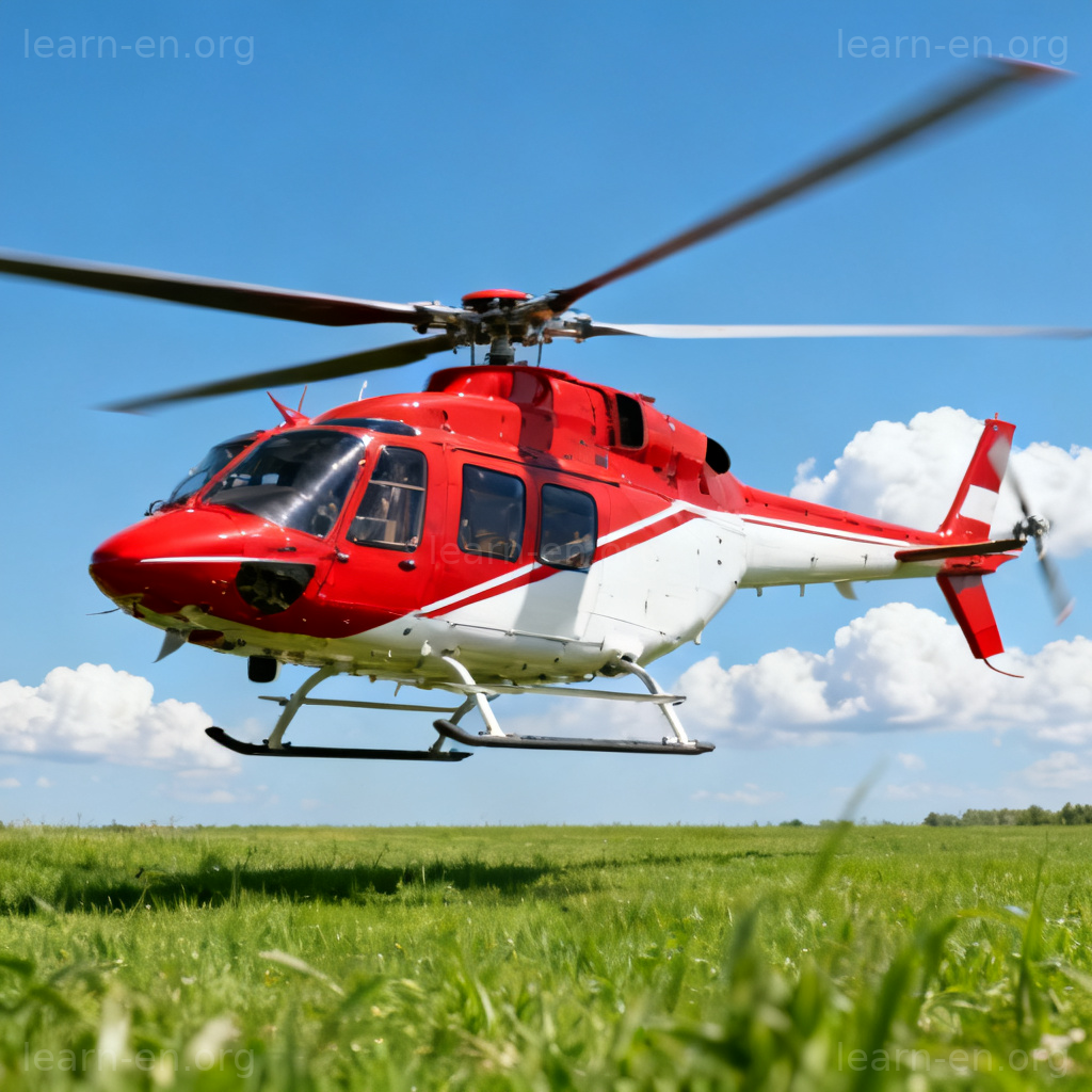 helicopter 直升机图解：红白直升机在绿色原野上空悬停场景