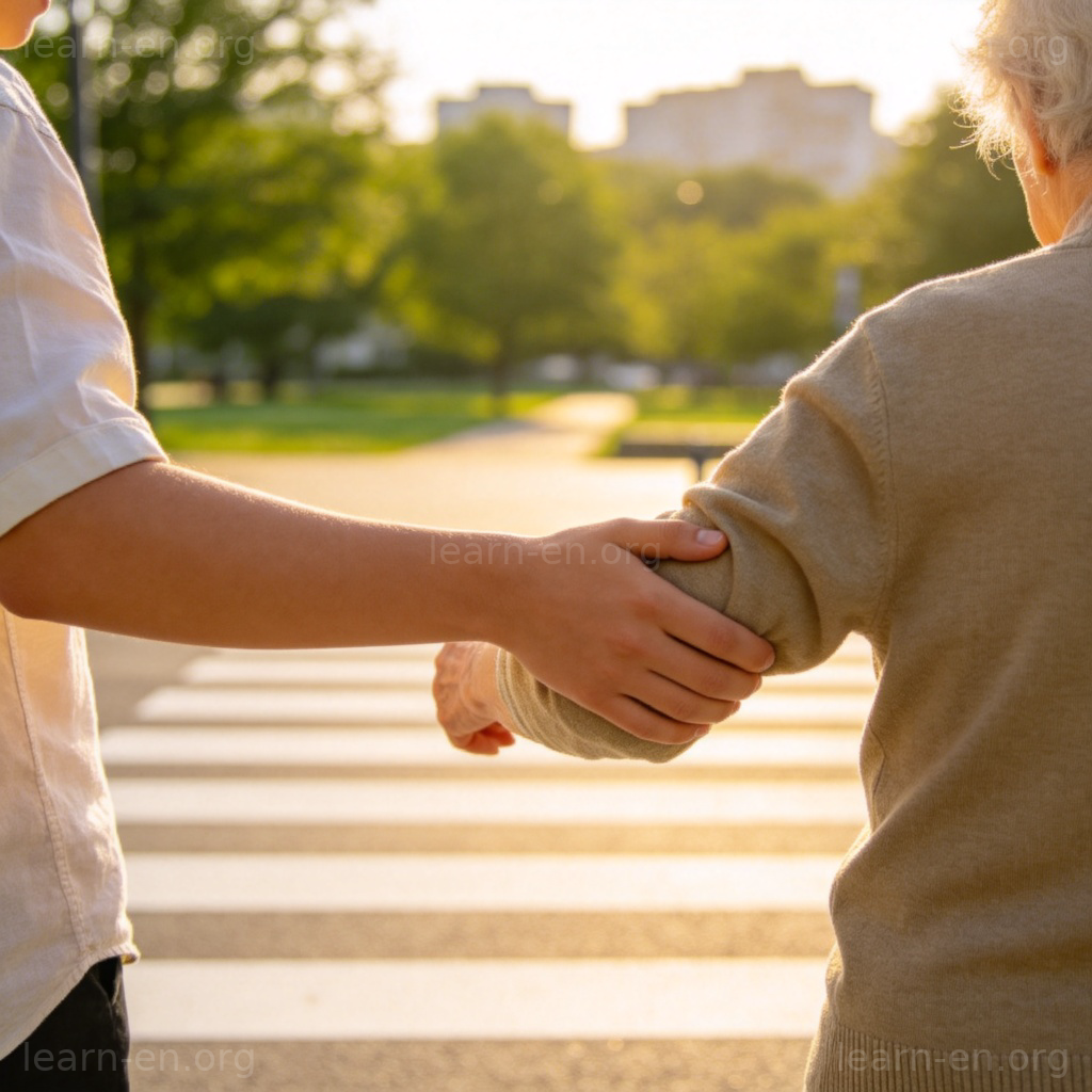 help 帮助场景图解：年轻人搀扶老人过马路
