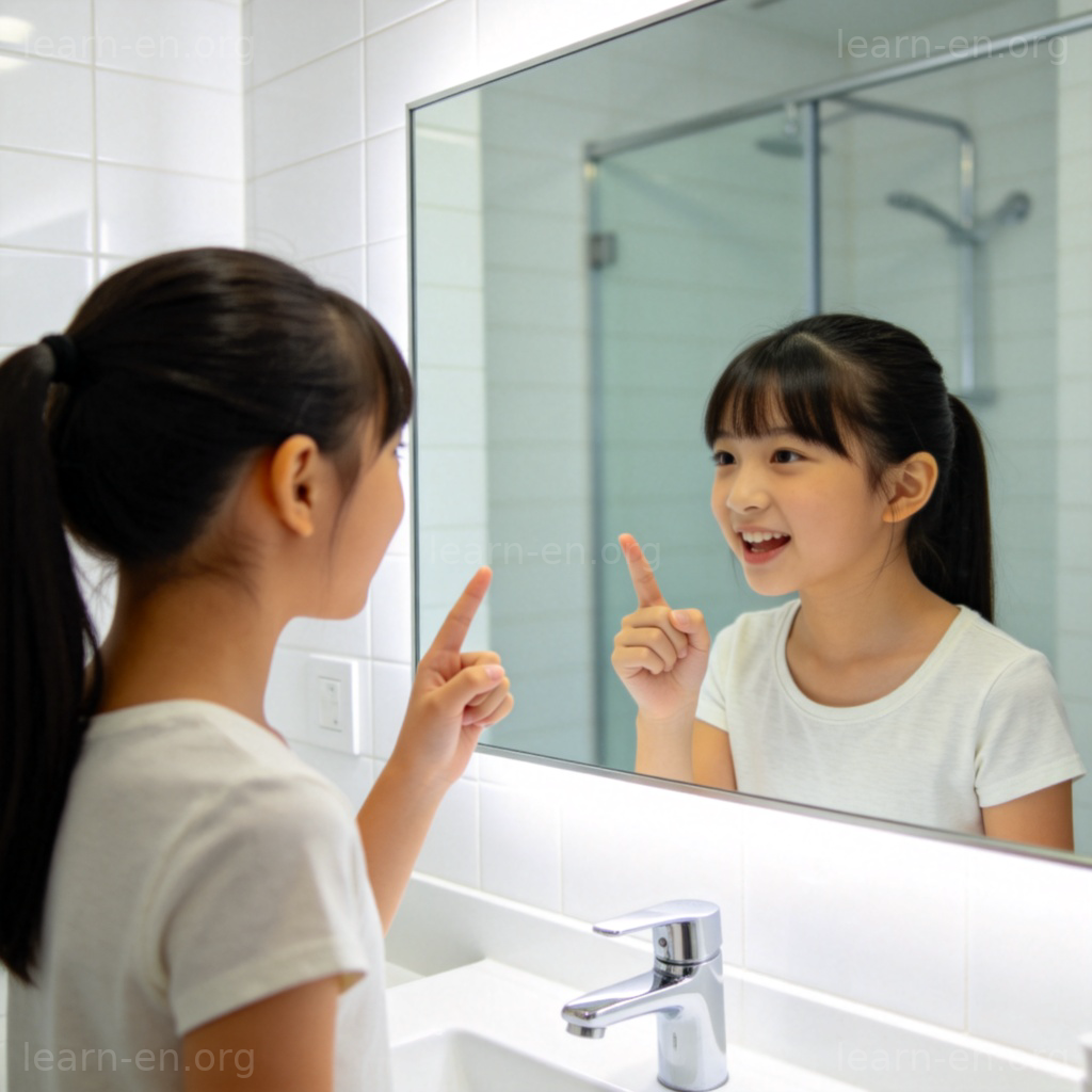 herself 反身代词图解：女孩对镜中自己说话鼓励