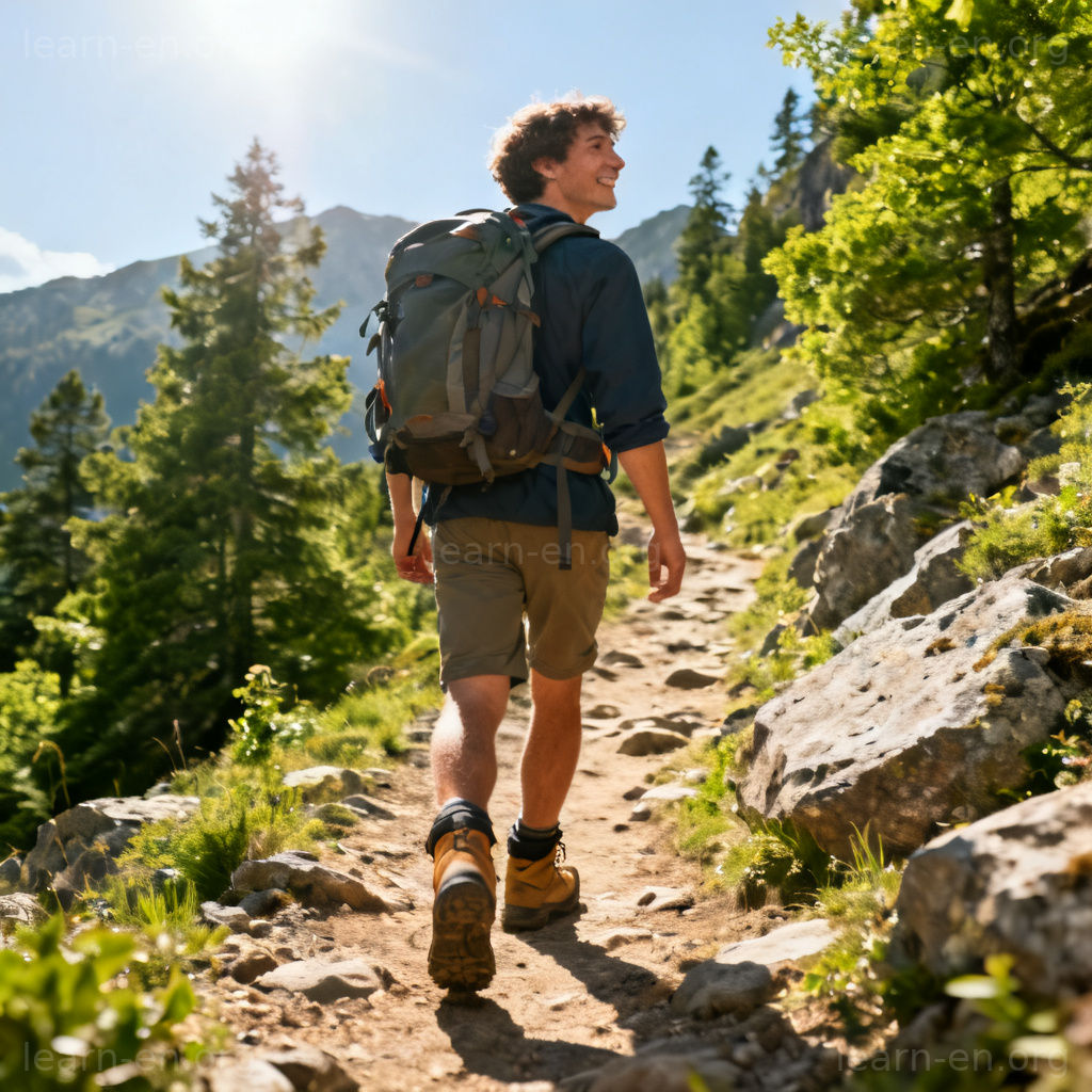 hike 远足场景图解：背包客行走在阳光明媚的山间小径