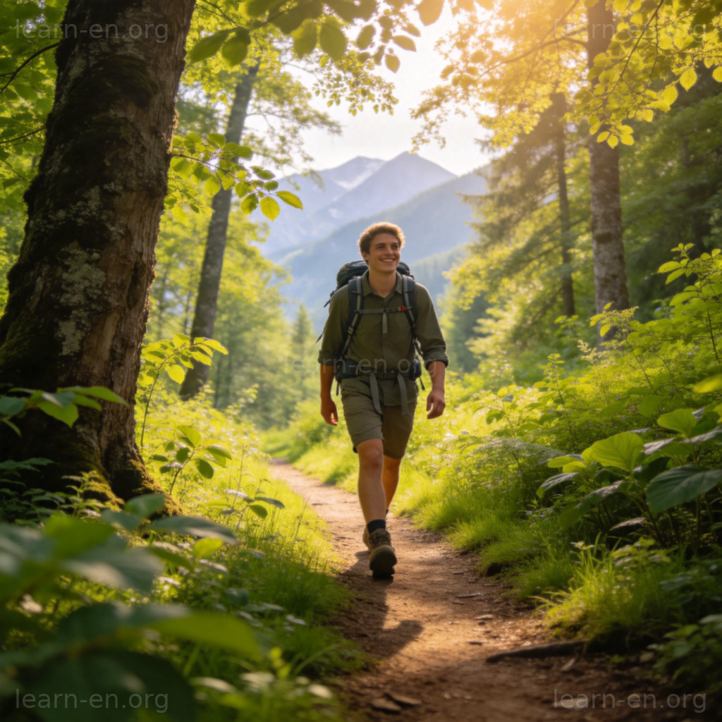 Hiker 徒步者图解：背包客在森林小径徒步的场景