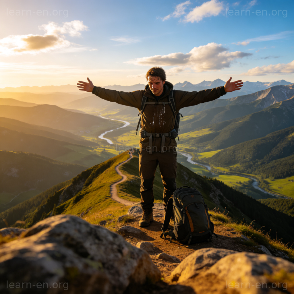 Hiking 场景：登山者登顶后俯瞰广阔风景的远足画面