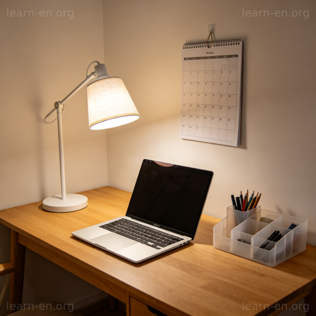 Home office 图解：家庭办公室场景，整洁书桌与工作设备