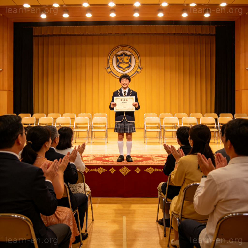 Honor Student 图解：学生在礼堂舞台上领取荣誉证书的场景