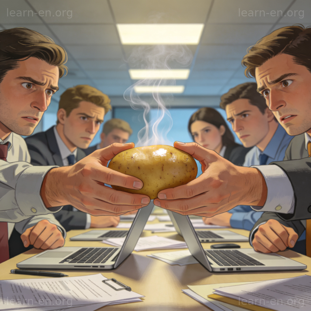 Hot Potato 图解：办公室中人们传递烫手土豆，象征棘手问题