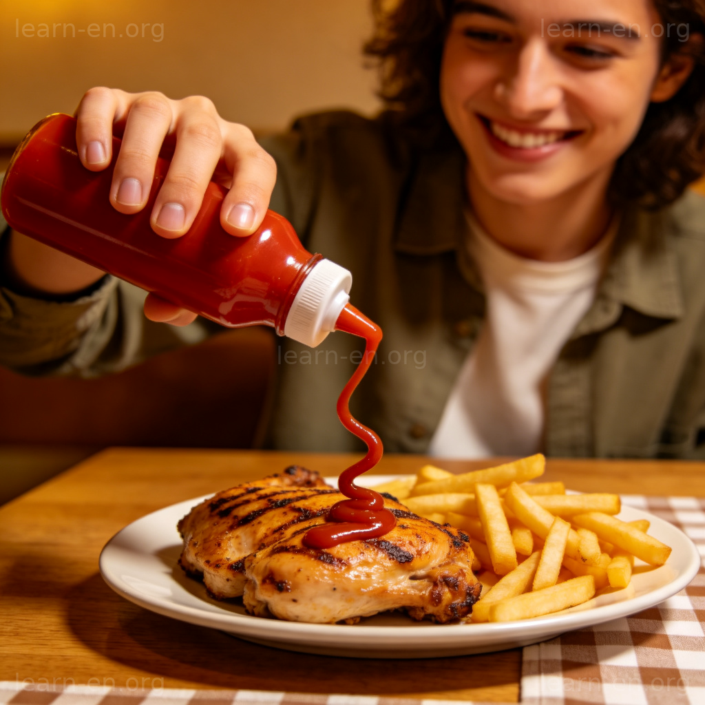 Hot Sauce 辣酱图解：人物微笑地将红色辣酱挤在食物上