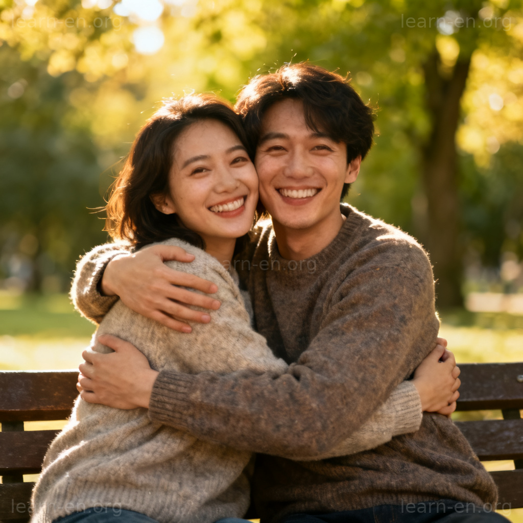 hug拥抱图解：两人在公园长椅上亲密拥抱的温馨场景