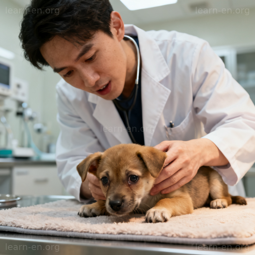 humane 仁慈含义图解：兽医细心检查小狗的关怀场景