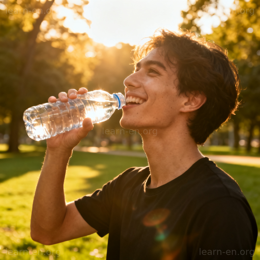 Hydrate 补水含义图解：阳光下的人开心喝水补充水分