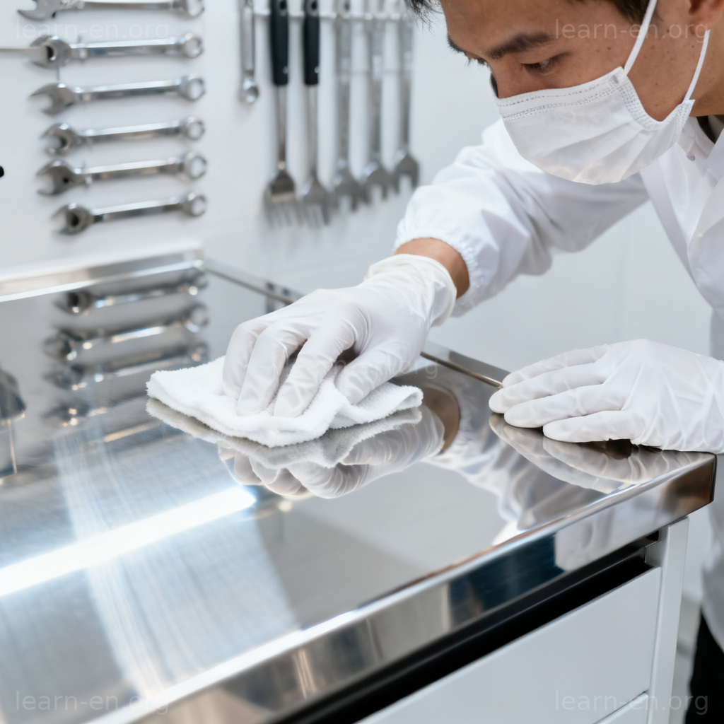hygienic 卫生场景图解：穿戴防护用品清洁不锈钢表面