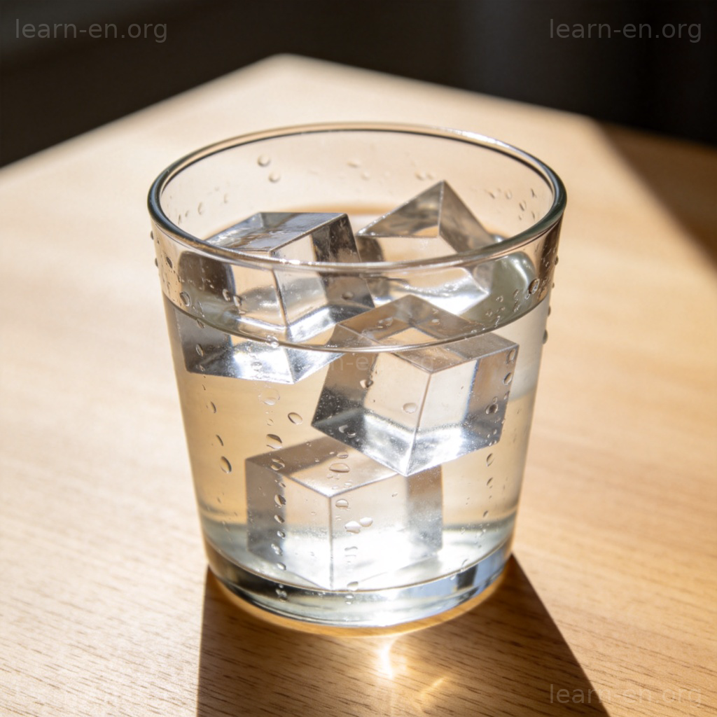 ice 含义图解：装有透明冰块和水的玻璃杯，展示冰的物理形态