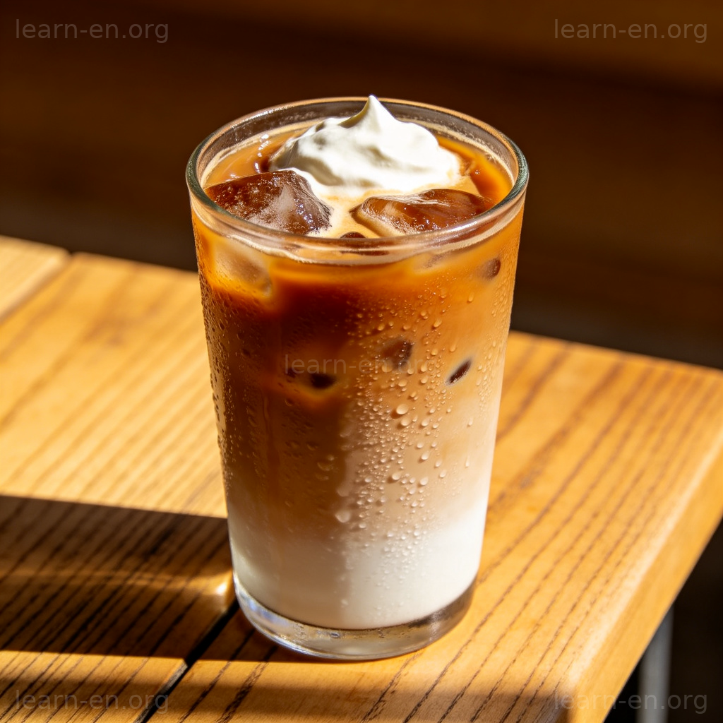 Iced 图解：夏日木桌上冰镇咖啡，杯壁凝结水珠