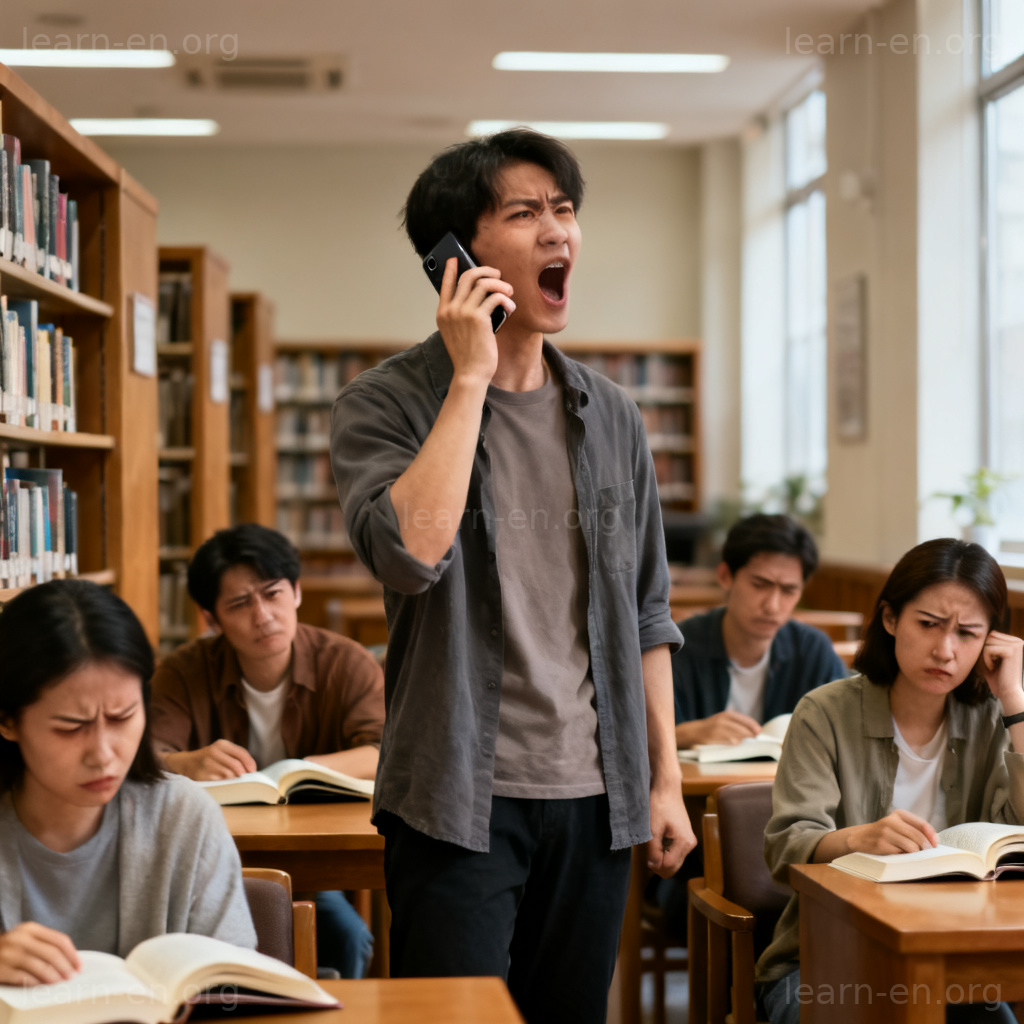 ignorant 粗鲁含义图解：图书馆中大声打电话的失礼行为