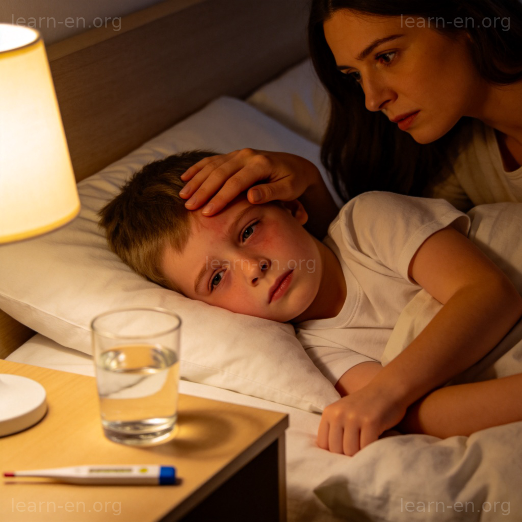 illness 场景图解：生病的孩子卧床，母亲关切地抚摸额头