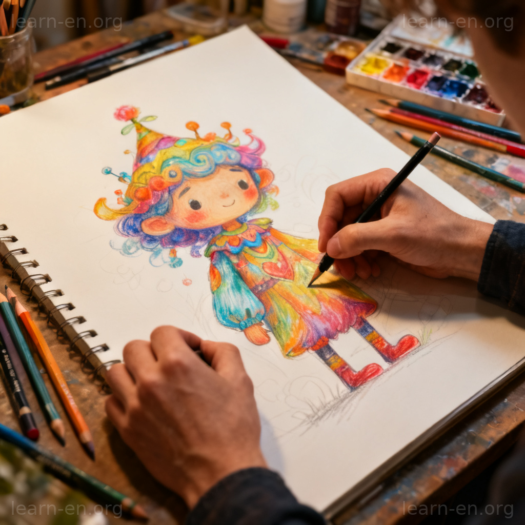 illustrate 场景图解：艺术家为书籍绘制彩色插图的过程