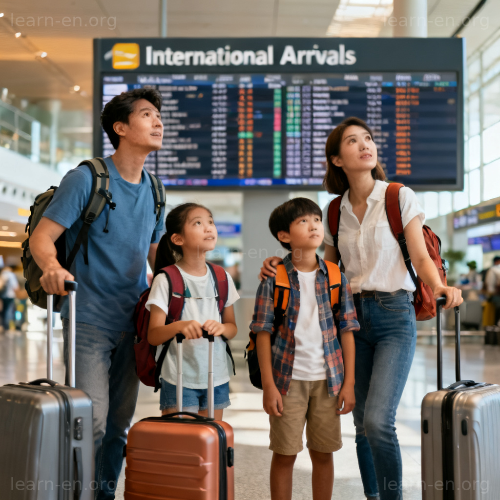immigrant 图解：一个家庭提着行李箱在机场到达大厅的场景