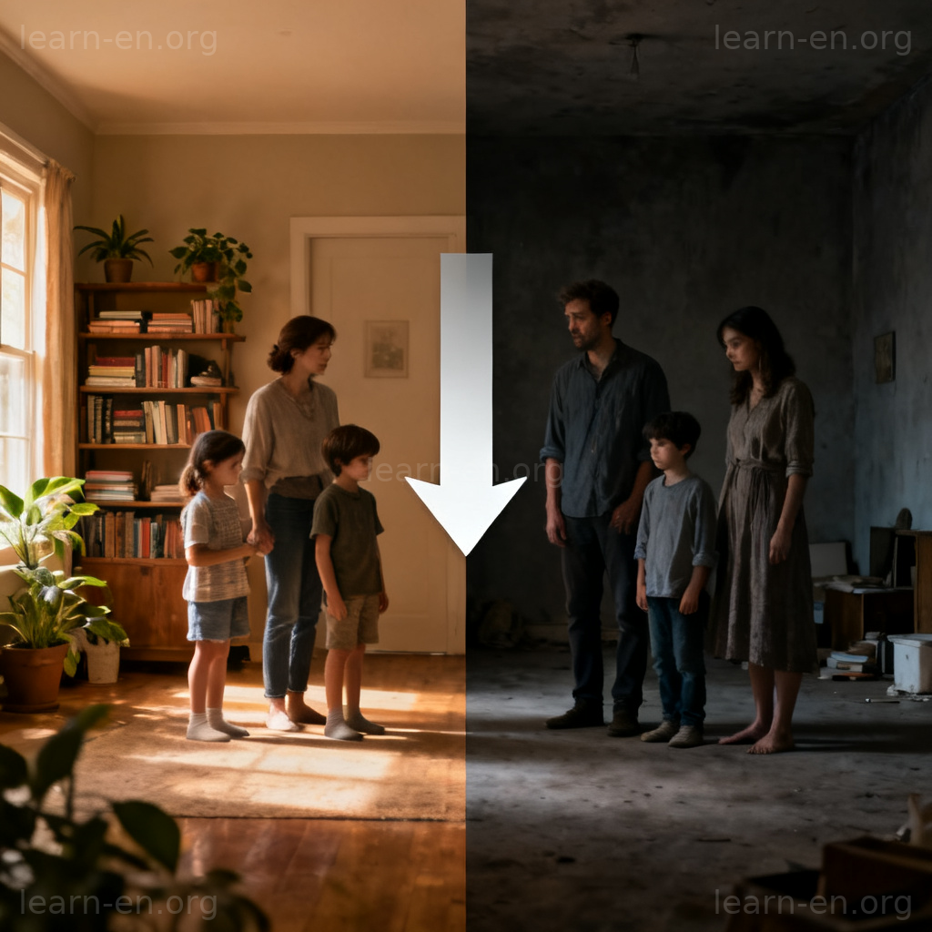 impoverish 使贫困图解：家庭从富足到贫穷的对比场景