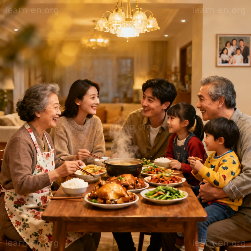 in-laws 姻亲含义图解：多代同堂温馨聚餐场景