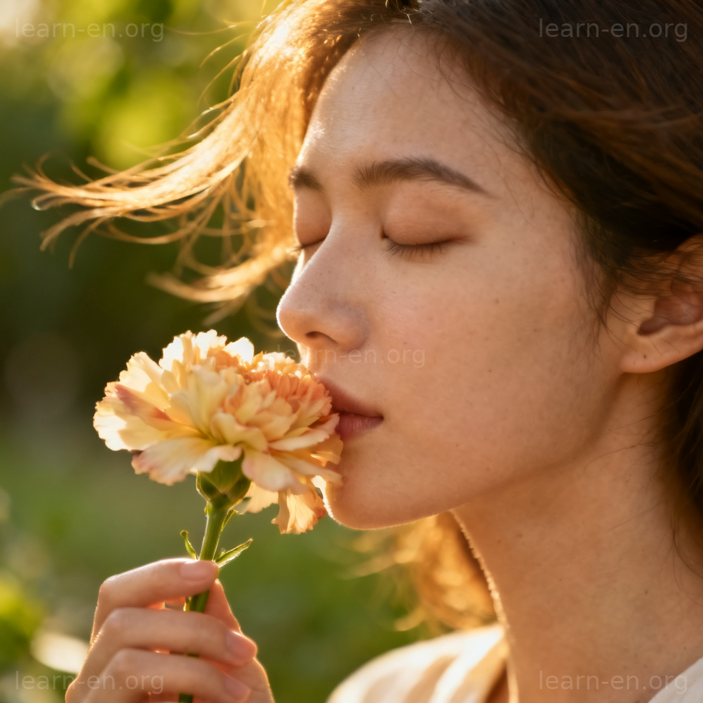 inhale 含义图解：人物闭眼闻花香，展示吸气动作