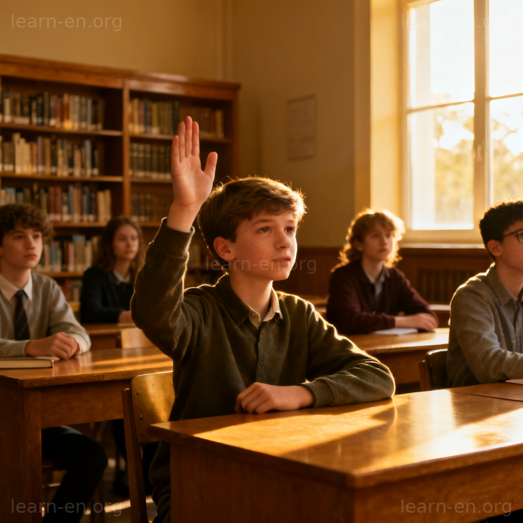 initiative 主动性图解：学生在图书馆主动举手提问