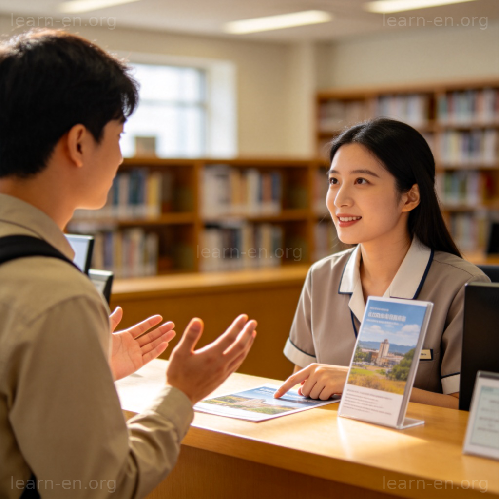 inquiry 询问含义图解：读者在图书馆咨询台向馆员提问