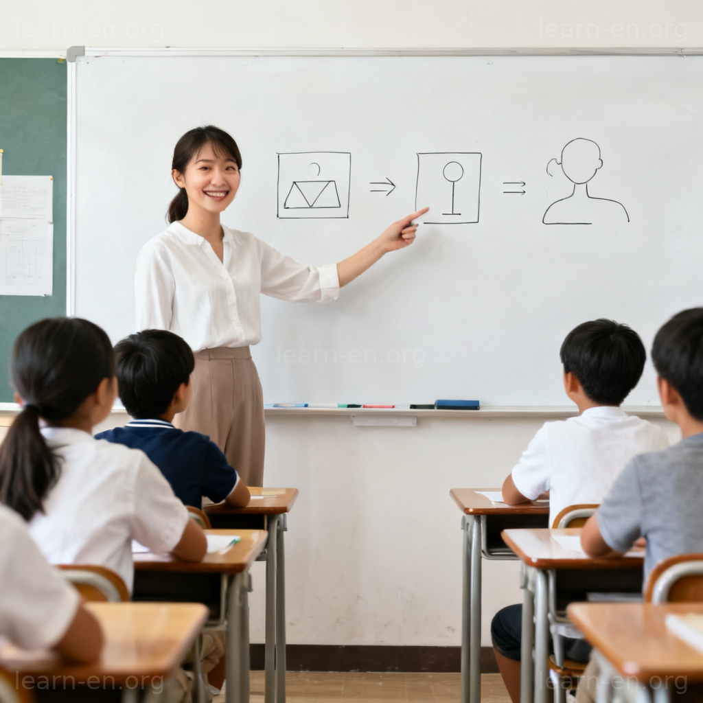 instruction 指示含义图解：老师在白板前讲解步骤