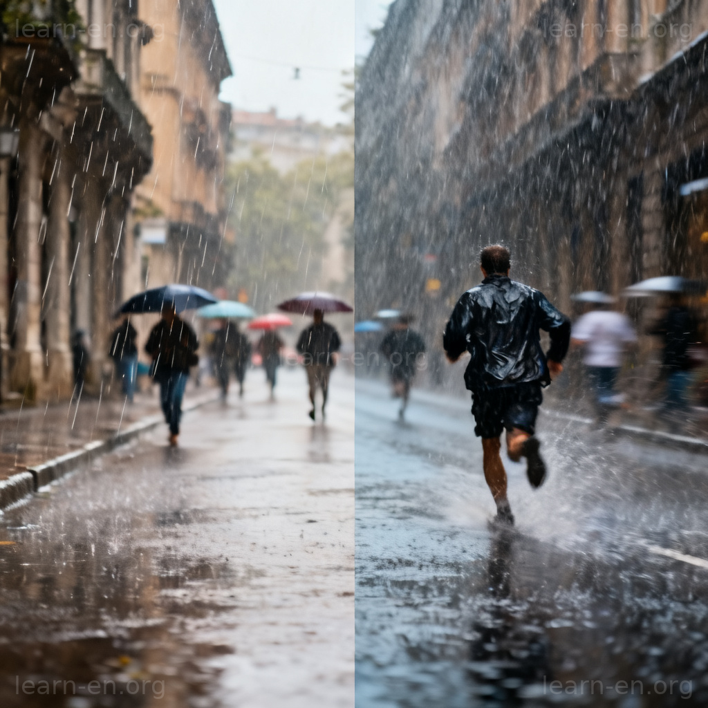 intensify 加剧含义图解：小雨转暴雨的对比场景