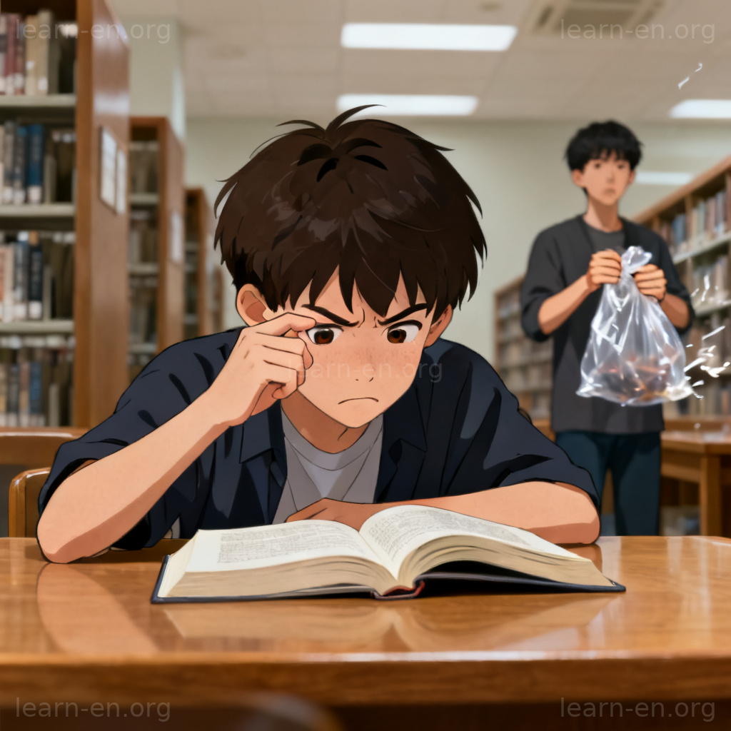 irritation恼怒含义图解：图书馆中因噪音感到烦躁的人