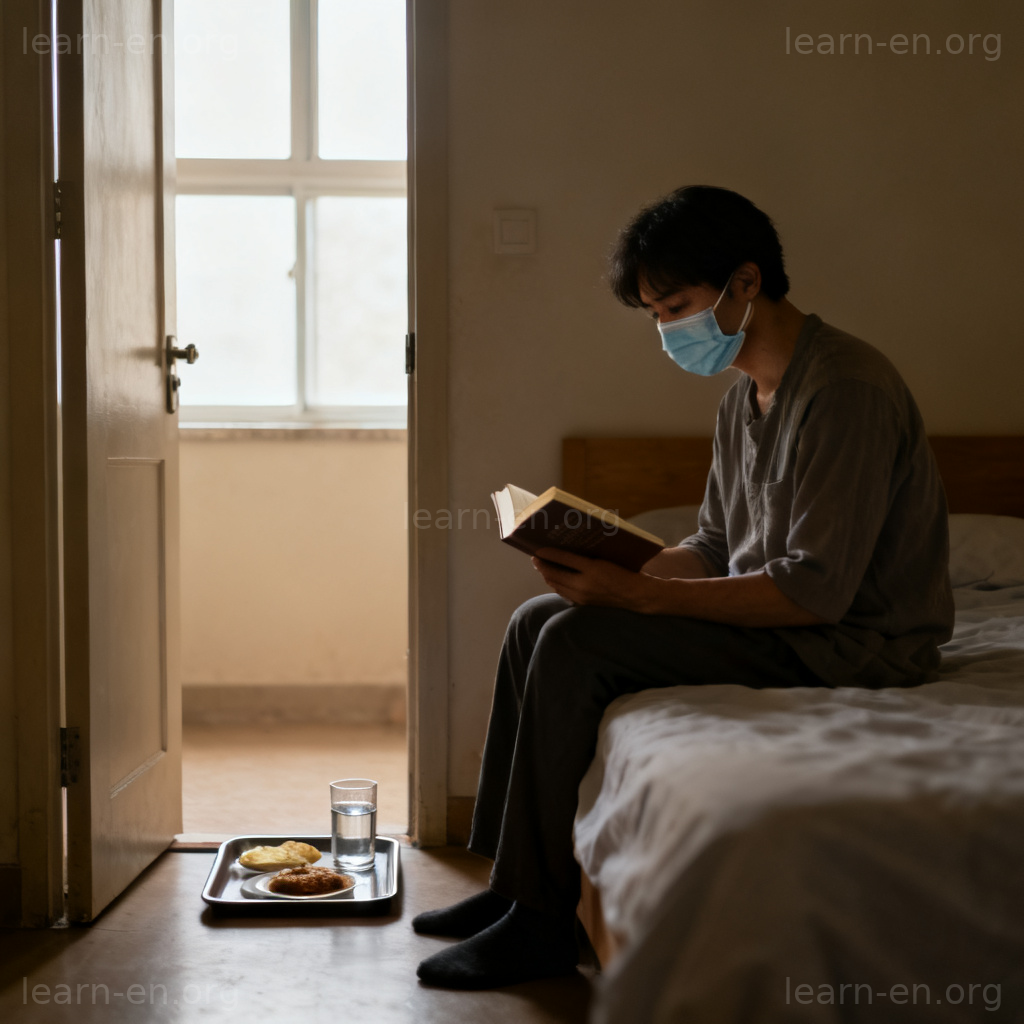isolate隔离含义图解：戴口罩的人独自在房间内