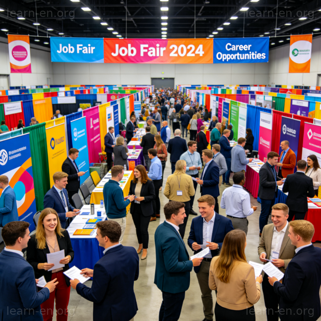 Job Fair 招聘会场景图解：展位林立、人群交流简历的求职大厅
