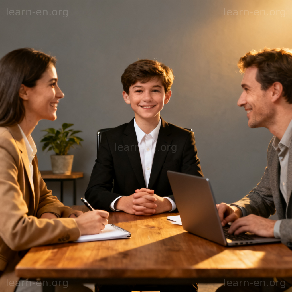job interview 场景图解：求职者与面试官在办公室自信交谈