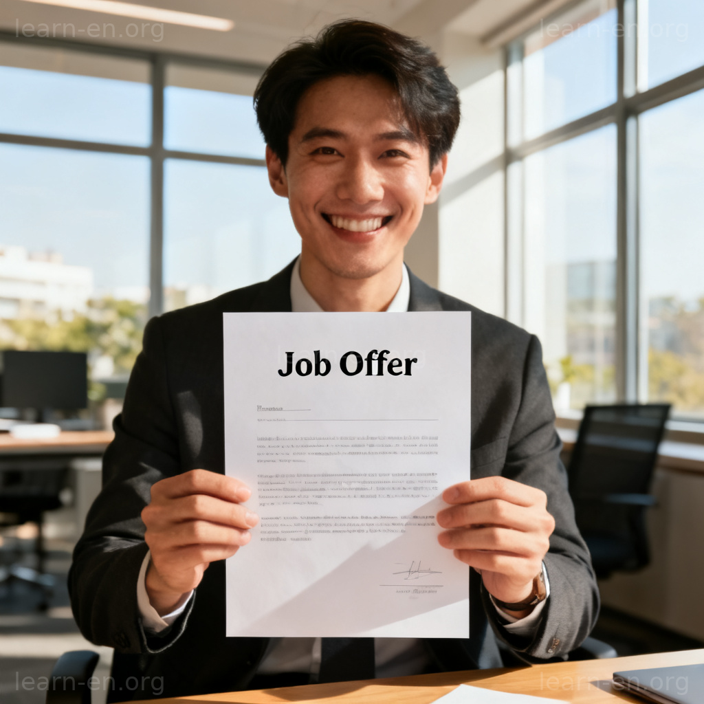 Job Offer 图解：办公室环境中手持正式录用通知书的人