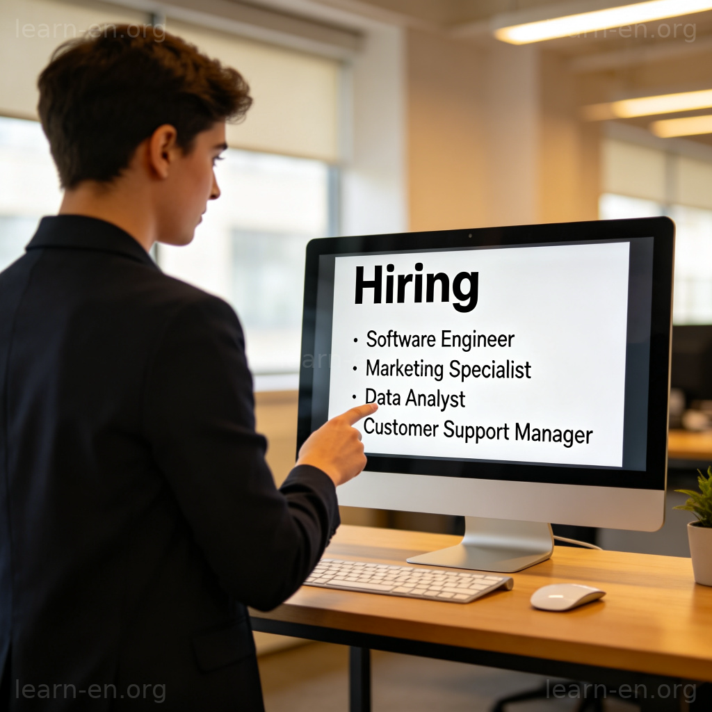 Job vacancy 图解：指向显示招聘职位列表的电脑屏幕
