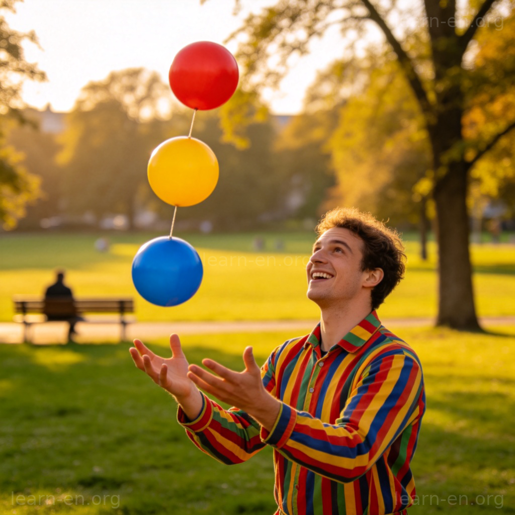 Juggling 杂耍表演图解：表演者在公园轻松抛接三个彩球