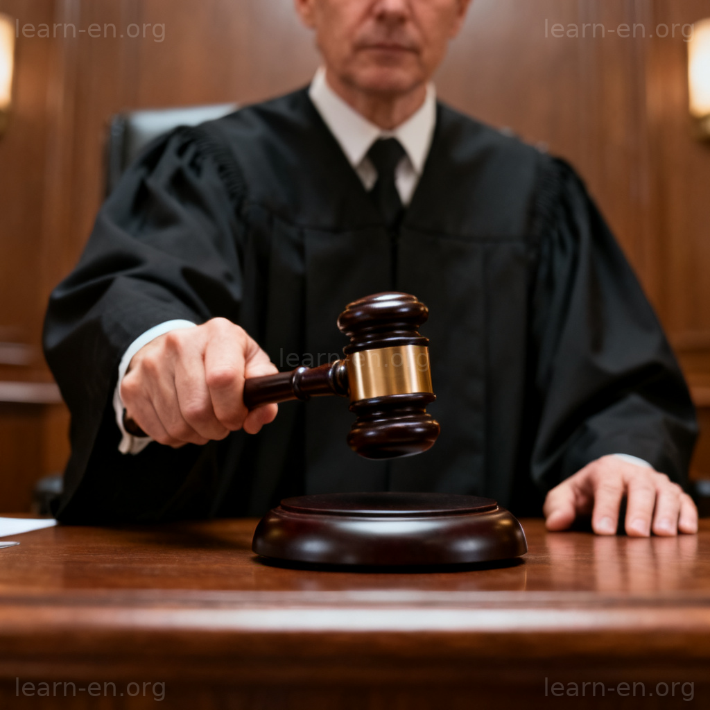justice 制裁含义图解：法庭上法官落槌的庄严场景