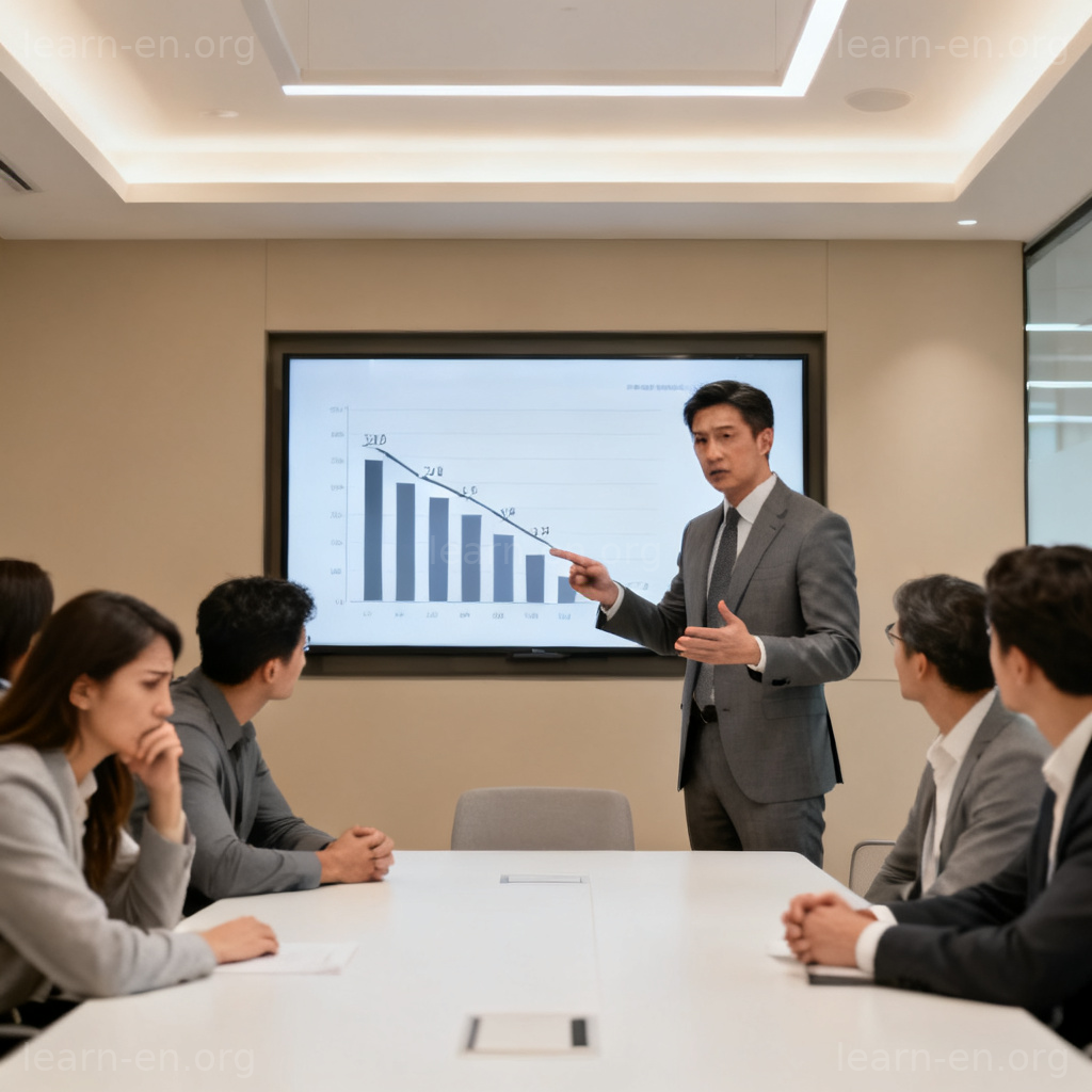justify 图解：经理在会议室向团队解释图表数据