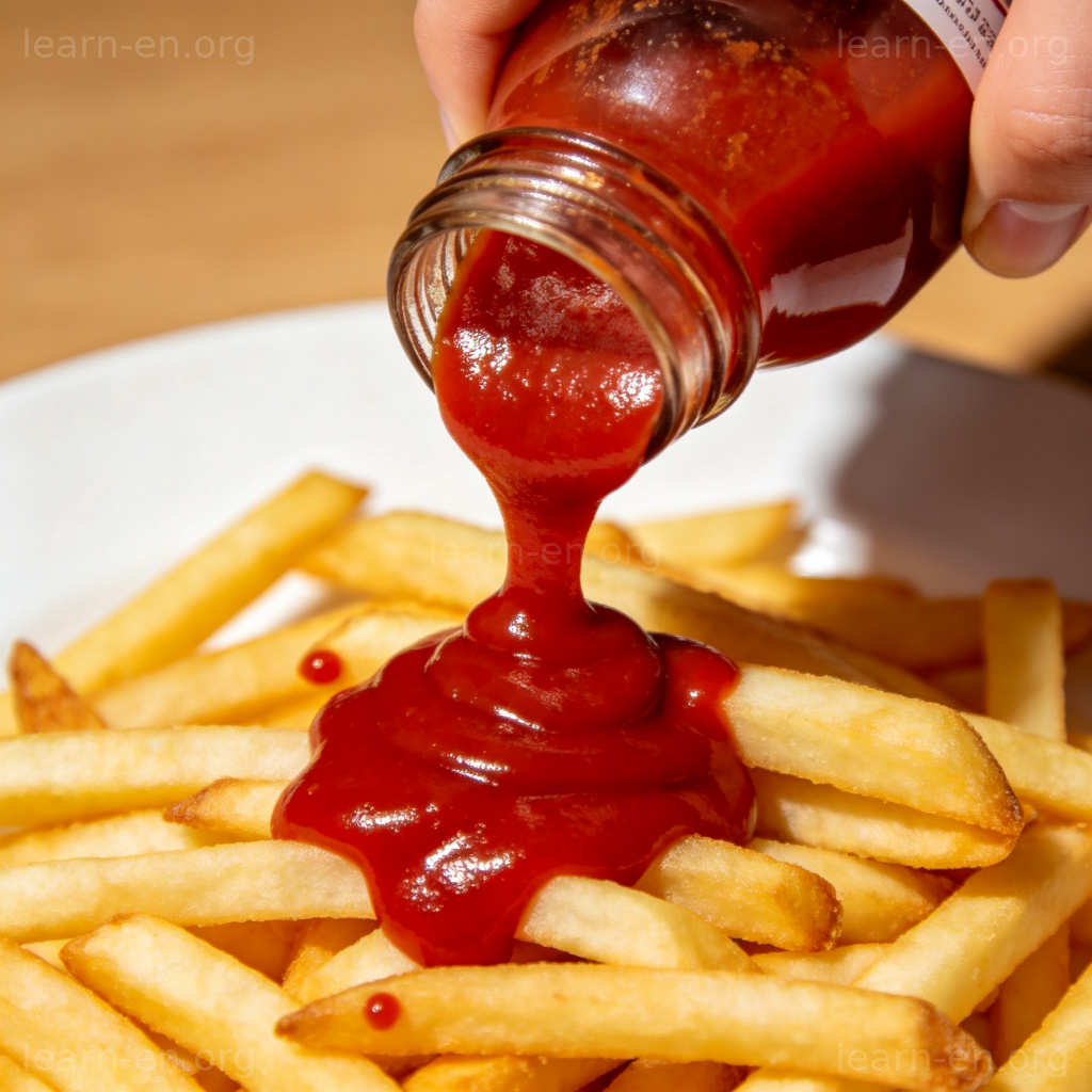 Ketchup 番茄酱图解：从玻璃瓶挤出番茄酱到金黄薯条上