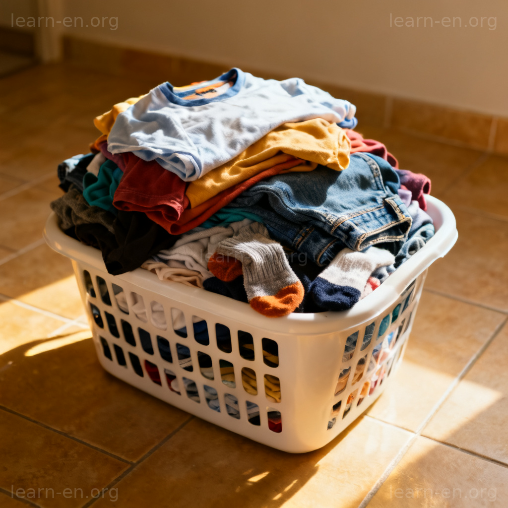 laundry 含义图解：待洗衣物堆满洗衣篮的场景