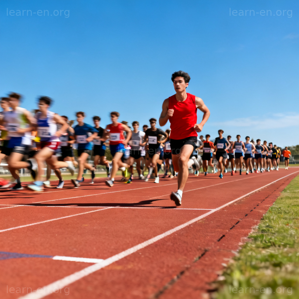 lead 领先含义图解：红色运动服选手在赛道上遥遥领先